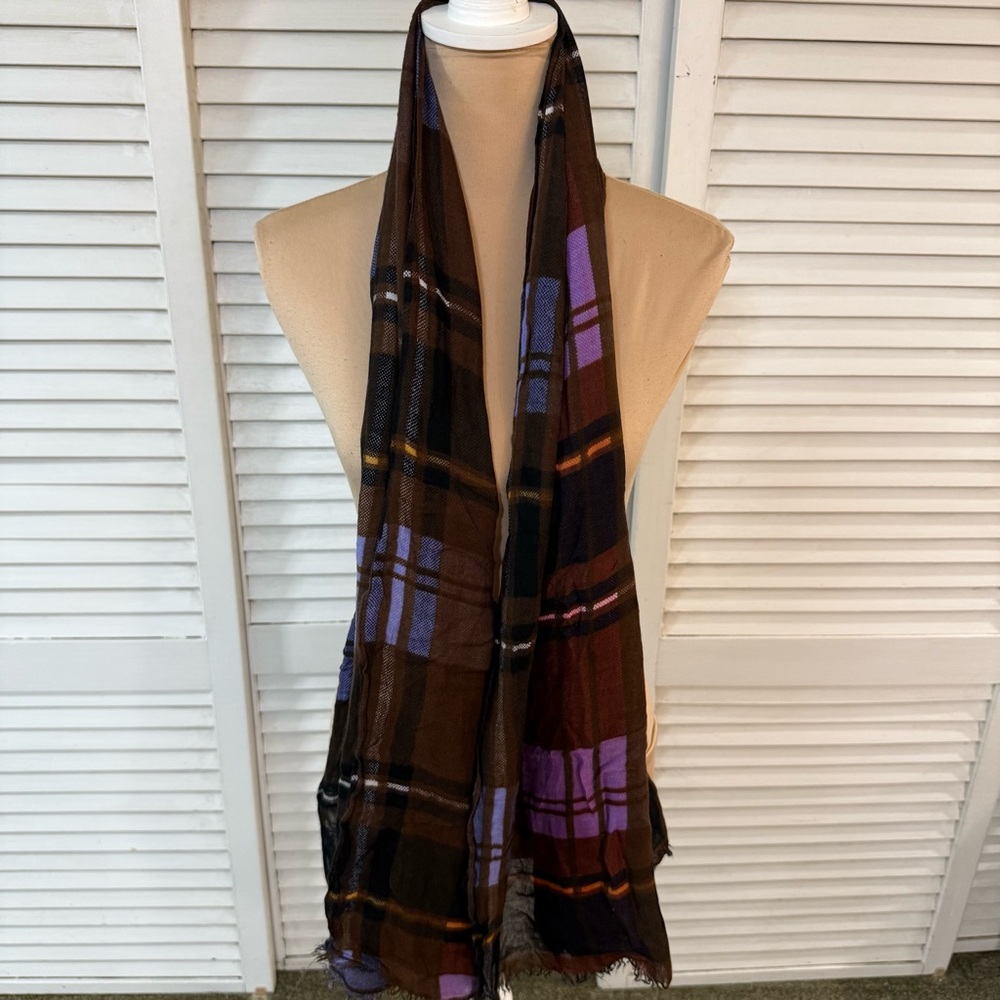 Vera Bradley Cozy Plaid Pattern Scarf Brown Purple Lightweight Wrap Raw Edge - Picture 2 of 8